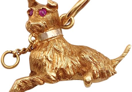 Terrier Dog Pendant Charm with Ruby Eyes 18K Gold
