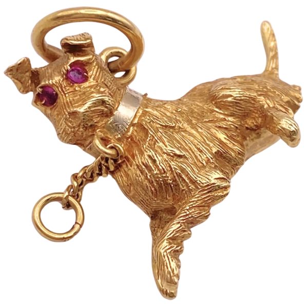 Terrier Dog Pendant Charm with Ruby Eyes 18K Gold side