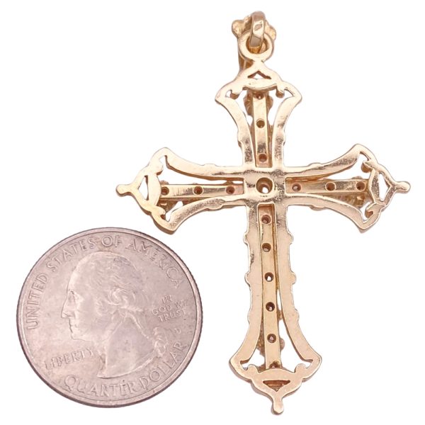 Victorian Revival Diamond Cross Pendant with Black Enamel Accent 14K Gold back