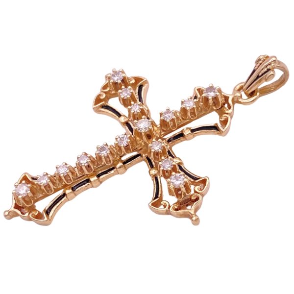Victorian Revival Diamond Cross Pendant with Black Enamel Accent 14K Gold side