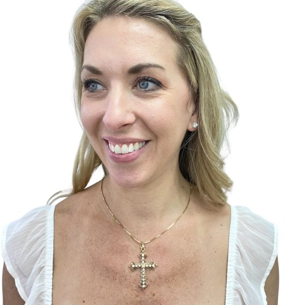 Victorian Revival Diamond Cross Pendant with Black Enamel Accent 14K Gold worn