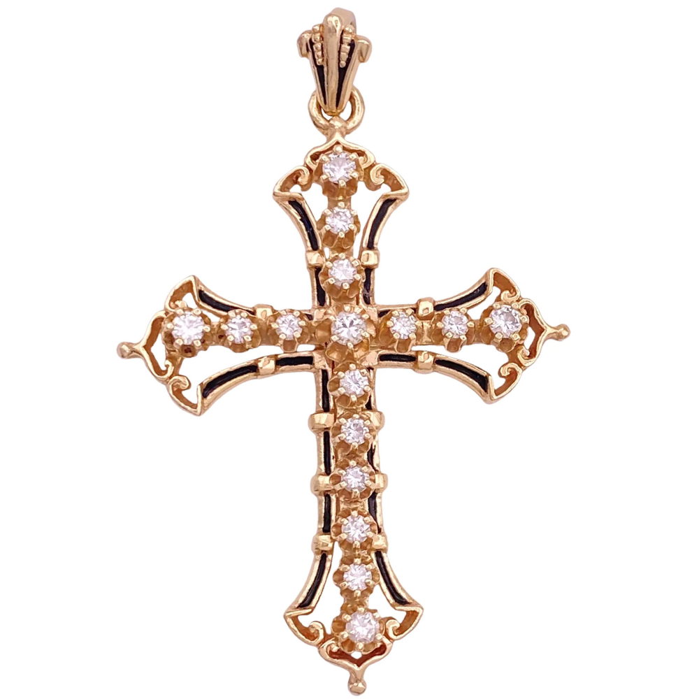 Victorian Revival Diamond Cross Pendant with Black Enamel Accent 14K Gold