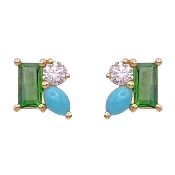 0.48ctw Gemstone Triple Treasure Stud Earrings 14K Gold