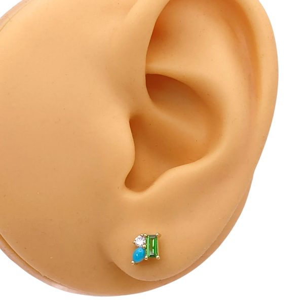 0.48ctw Gemstone Triple Treasure Stud Earrings 14K Gold worn