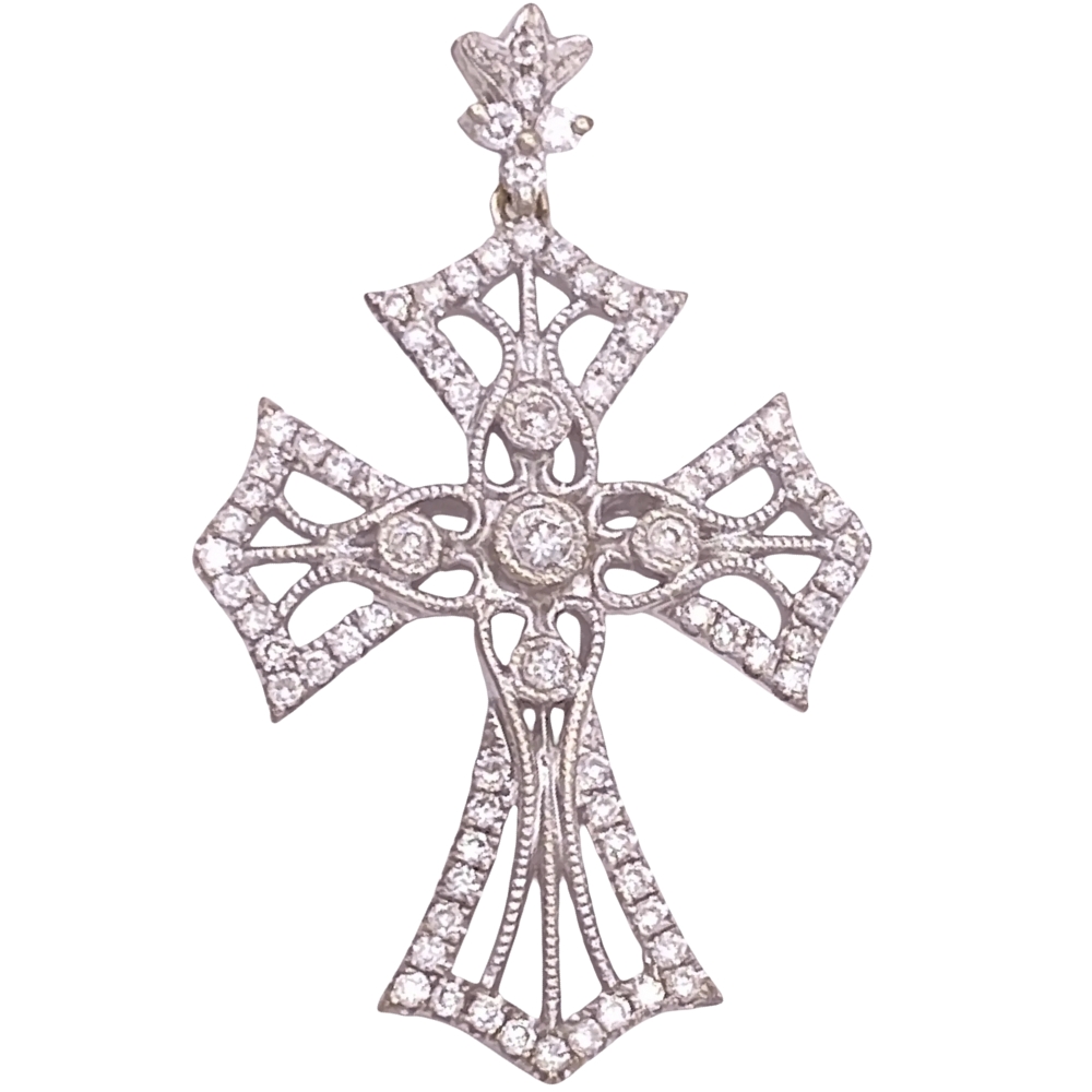 0.82ctw Diamond Ornate Cross Pendant 18K White Gold