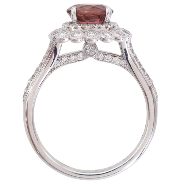 1.38ct Orangy Pink Tourmaline Double Diamond Halo 14K profile