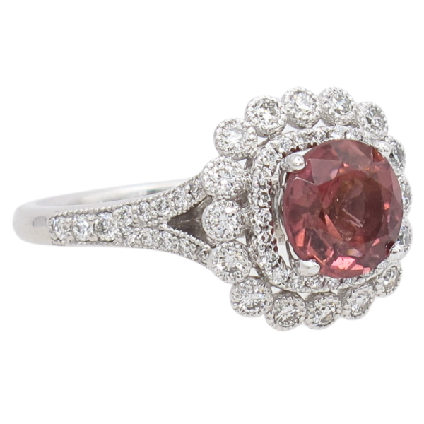 1.38ct Orangy Pink Tourmaline Double Diamond Halo 14K side (1)