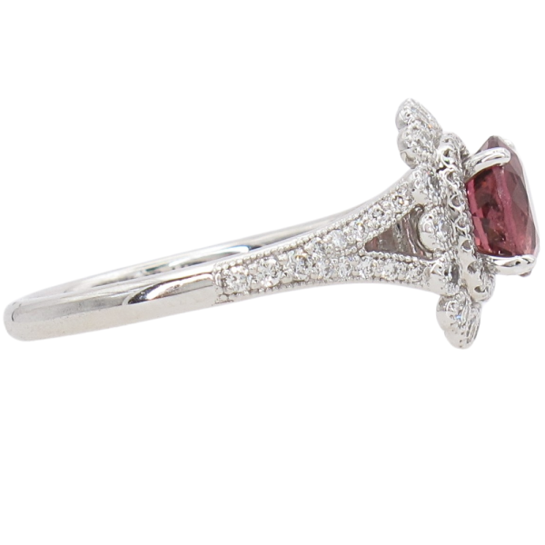1.38ct Orangy Pink Tourmaline Double Diamond Halo 14K side 2