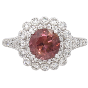1.38ct Orangy Pink Tourmaline Double Diamond Halo 14K side (2)