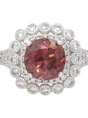 1.38ct Orangy Pink Tourmaline Diamond Halo 14K