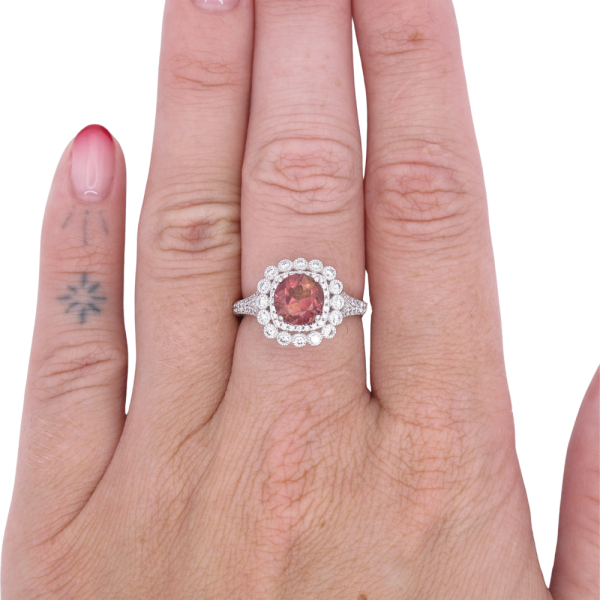 1.38ct Orangy Pink Tourmaline Double Diamond Halo 14K worn