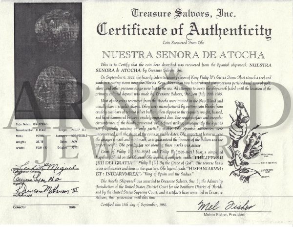 1622 Atocha 8 Reale Shipwreck Coin Mel Fischer Certificate Octopus