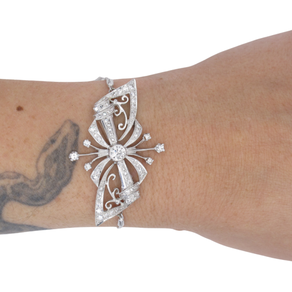1ctw Diamond Retro Brooch Turned Bracelet 14K & Platinum worn