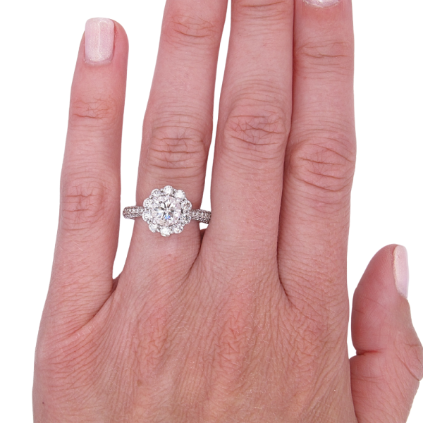 2 carat Round Diamond Halo Engagement Ring Pave Band White Gold Worn