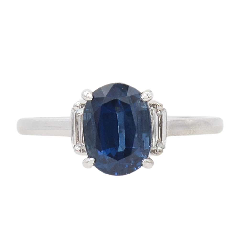 2.39ct Oval Blue Sapphire Three-Stone Ring 14K GIA