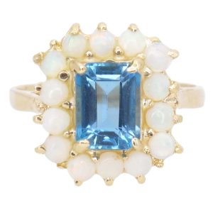 2.58ctw London Blue Topaz Ring with Opal Halo 14K Gold