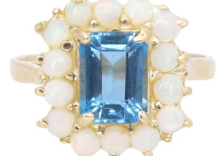 2.58ctw London Blue Topaz Ring with Opal Halo 14K Gold