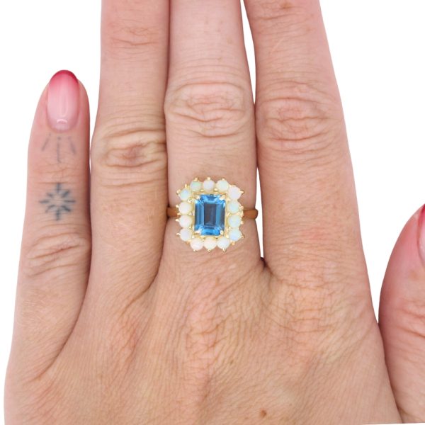 2.58ctw London Blue Topaz Ring with Opal Halo 14K Gold worn