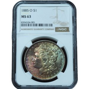 1885-O Morgan Dollar MS63 NGC Rainbow Toned