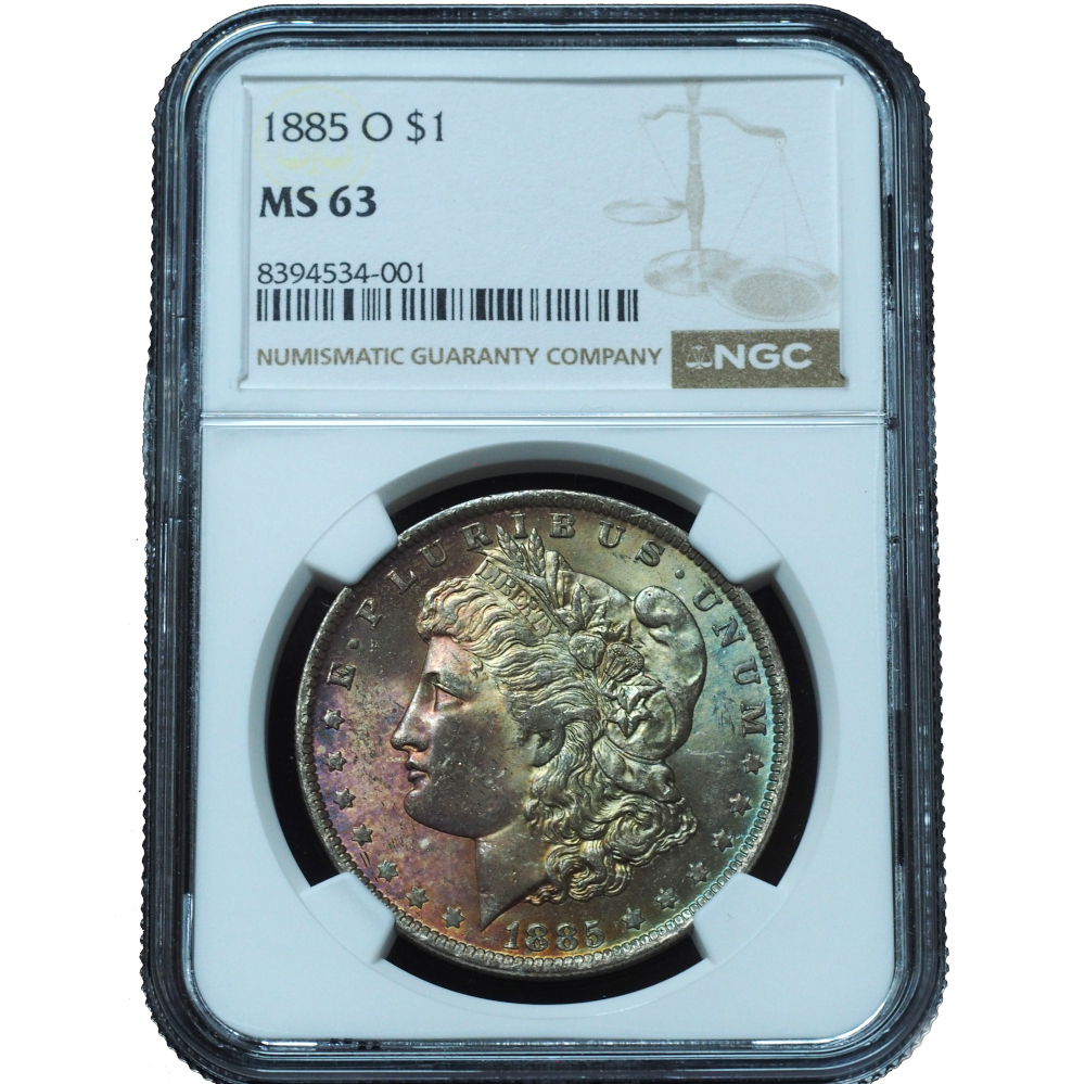 1885-O Morgan Dollar MS63 NGC Rainbow Toned