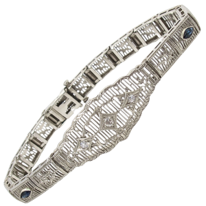 .65ctw Diamond & Sapphire Filigree Art Deco Bracelet 14K front