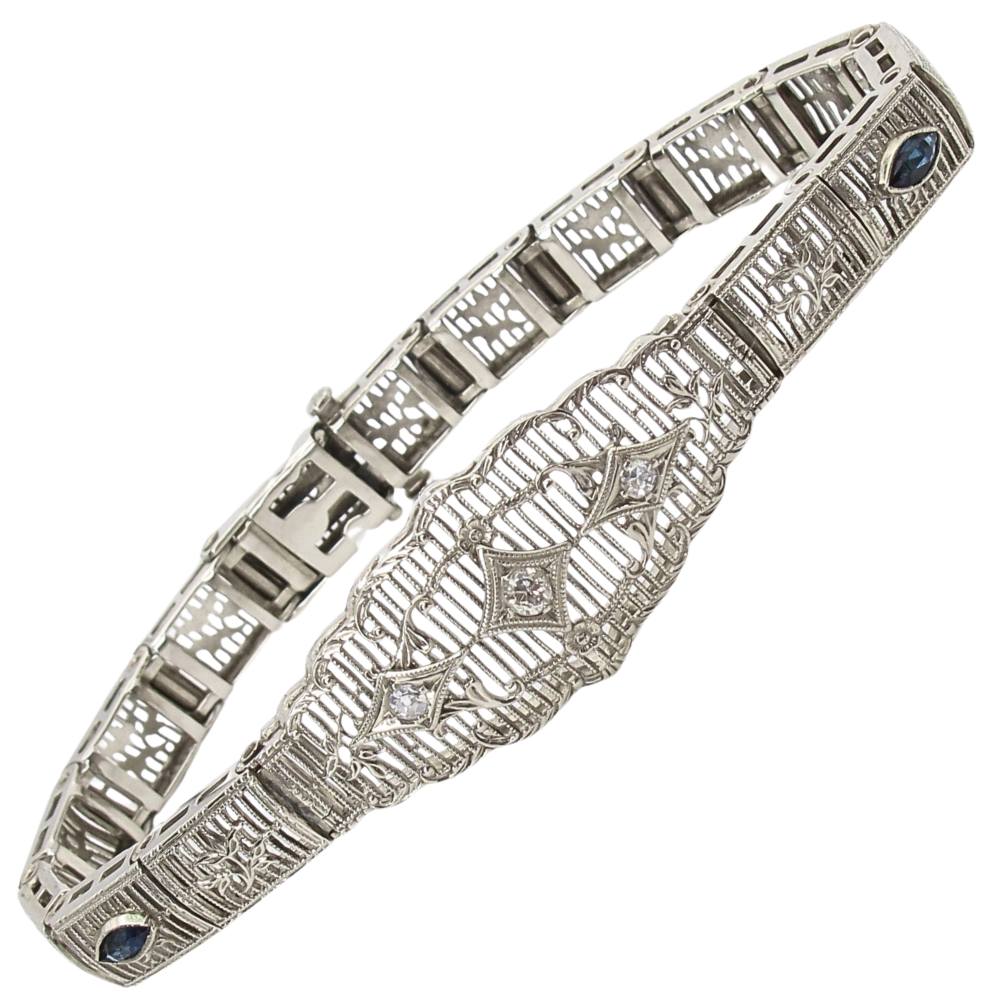 .65ctw Diamond & Sapphire Filigree Art Deco Bracelet 14K