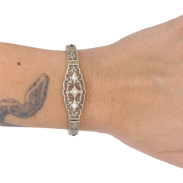 .65ctw Diamond & Sapphire Filigree Art Deco Bracelet 14K worn