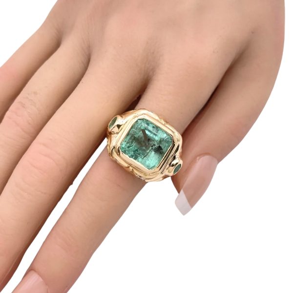 7.98ctw Natural Emerald Men's Ring 18K Gold worn