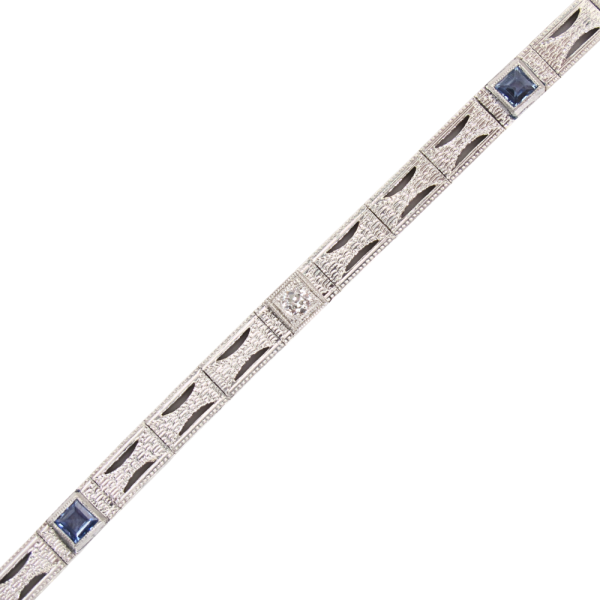 .78ctw Diamond & Sapphire Art Deco Bracelet 18K & Platinum close up