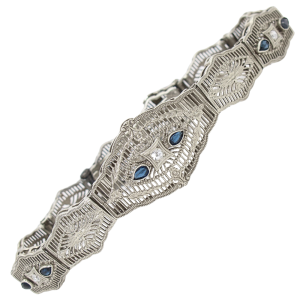 .92ctw Diamond & Sapphire Filigree Art Deco Bracelet 14K front