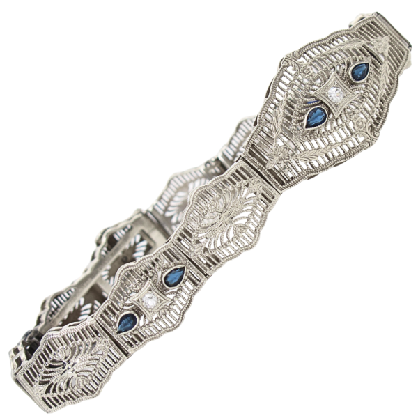 .92ctw Diamond & Sapphire Filigree Art Deco Bracelet 14K side