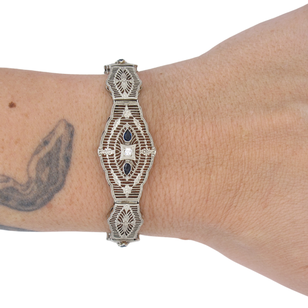 .92ctw Diamond & Sapphire Filigree Art Deco Bracelet 14K worn