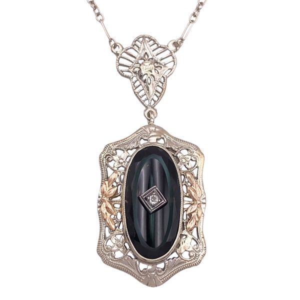 Art Deco Era Onyx Necklace 14K Gold close up