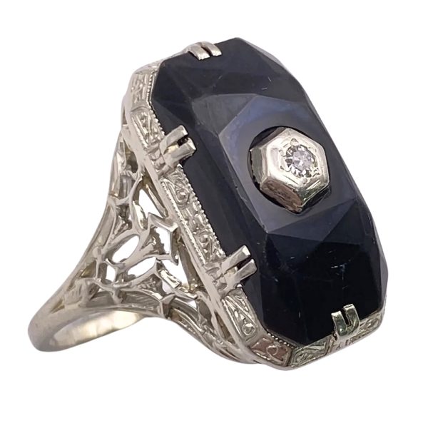 Art Deco Onyx Ring 14K White Gold side