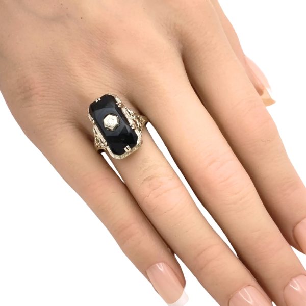 Art Deco Onyx Ring 14K White Gold worn