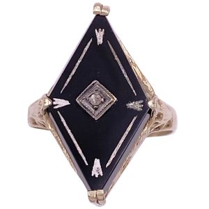 Art Deco Onyx Ring with Diamond Accent 14K White Gold