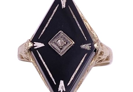Art Deco Onyx Ring with Diamond Accent 14K White Gold