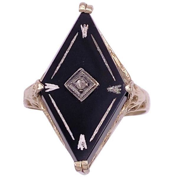 Art Deco Onyx Ring with Diamond Accent 14K White Gold
