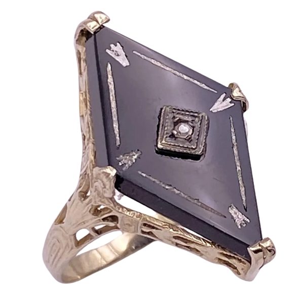 Art Deco Onyx Ring with Diamond Accent 14K White Gold side