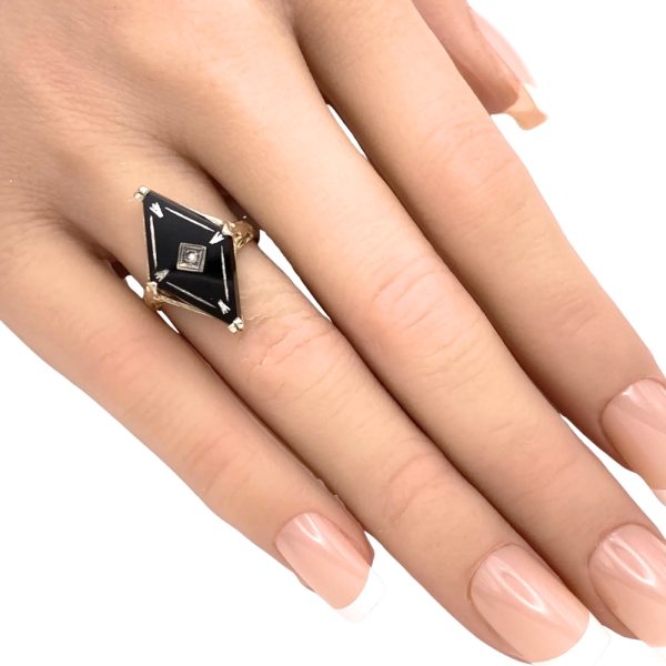 Art Deco Onyx Ring with Diamond Accent 14K White Gold worn