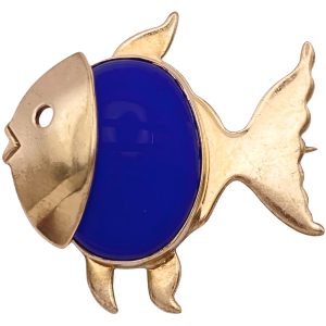 Blue Onyx Scarab Fish Pin Brooch 14K Gold