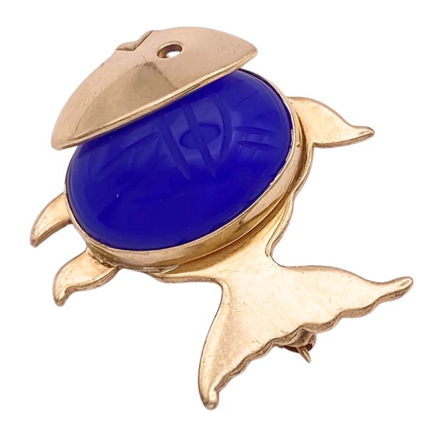 Blue Onyx Scarab Fish Pin Brooch 14K Gold side
