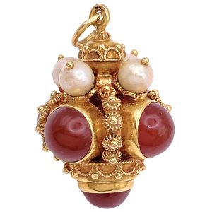 Carnelian Bauble Charm Pendant with Cultured Pearls 18K Gold