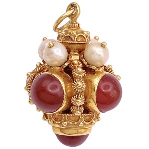 Carnelian Bauble Charm Pendant with Cultured Pearls 18K Gold front