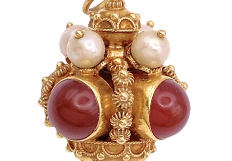 Carnelian Bauble Charm Pendant with Cultured Pearls 18K Gold front