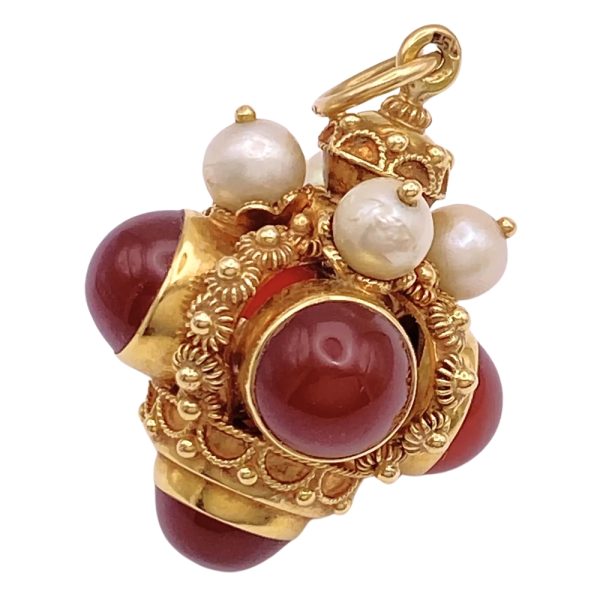 Carnelian Bauble Charm Pendant with Cultured Pearls 18K Gold side