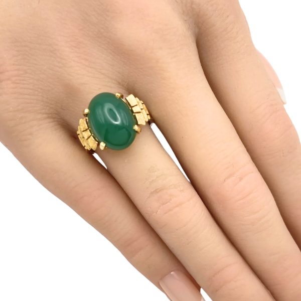 Chrysoprase Cabochon Ring 14K Gold worn