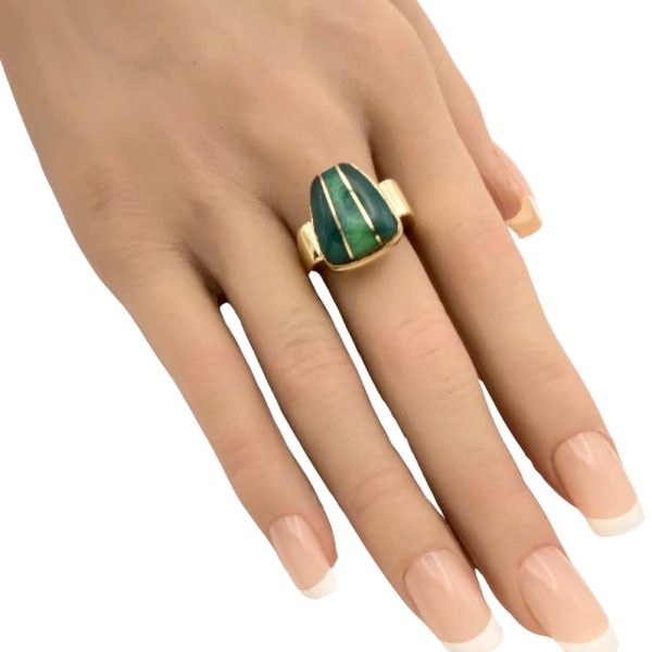 Chrysoprase & Opal Inlay Ring 14K Gold worn