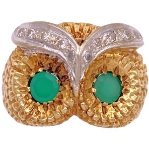 Chrysoprase Owl Statement Ring 14K Two-Tone Gold
