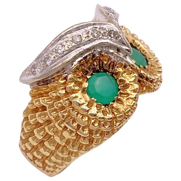 Chrysoprase Owl Statement Ring 14K Two-Tone Gold side